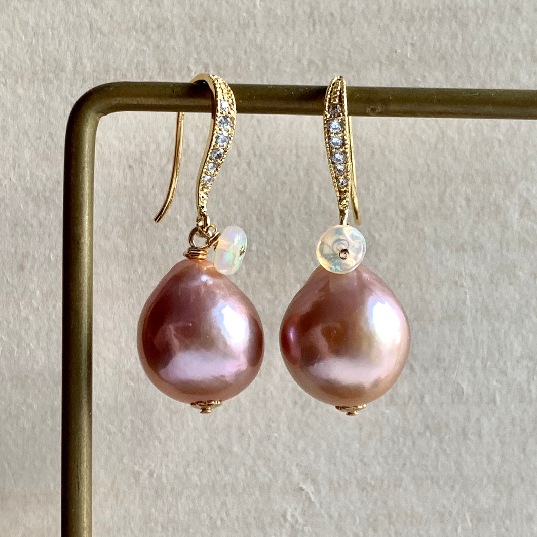 Pink-Peach Edison Pearls & Opal Earrings