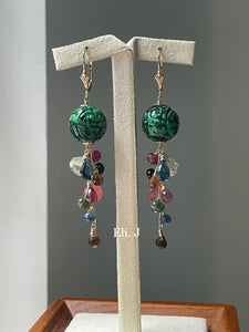 Deep Green Carved Balls, Tourmaline, Golden Rutile, London Blue Topaz 14kGF Earrings