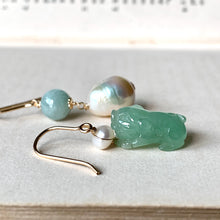 Load image into Gallery viewer, Apple-Green Jade Piggie &amp; Pearl 14kGF Earrings