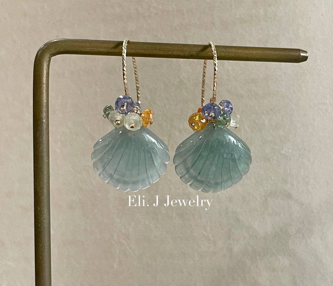 Exclusive to Eli. J: Bluish-Green Type A Jade Shells & Fresh Gemstones Earrings