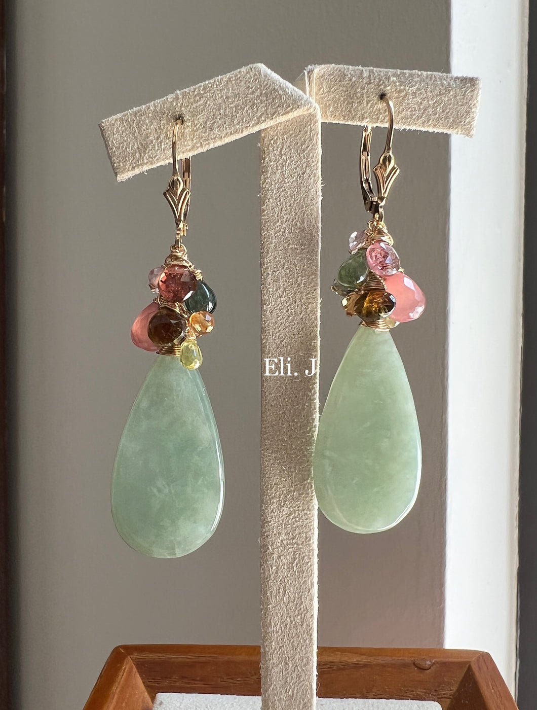 Exclusive Apple-Green Jade Flat Teardrops & Rainbow Gems 14kGF Earrings