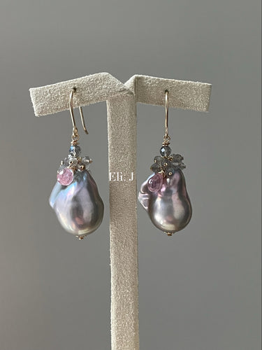 Silver Rainbow Baroque Pearls Labradorite Pink Zircon 14kGF Earrings