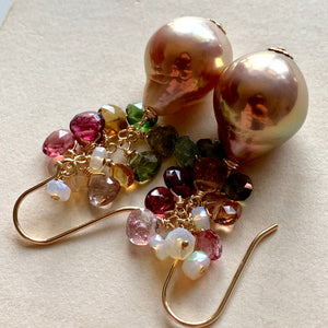 Tourmaline, Opal & Rainbow Lustre Peach Pearls on 14k Gold Filled