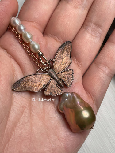 Freedom: Vintage Copper Butterfly, Gold-Rainbow Baroque Pearl, Ivory Pearl Necklace