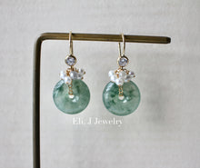 Load image into Gallery viewer, Icy Floral Type A Jade Donuts, Silver Diamond Drops, Pearls 14kGF Earrings