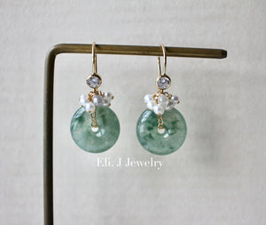 Icy Floral Type A Jade Donuts, Silver Diamond Drops, Pearls 14kGF Earrings