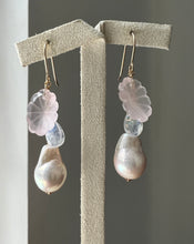 Load image into Gallery viewer, Rose Quartz Flowers, Aurora Edison Pearls, 14kGF Earrings