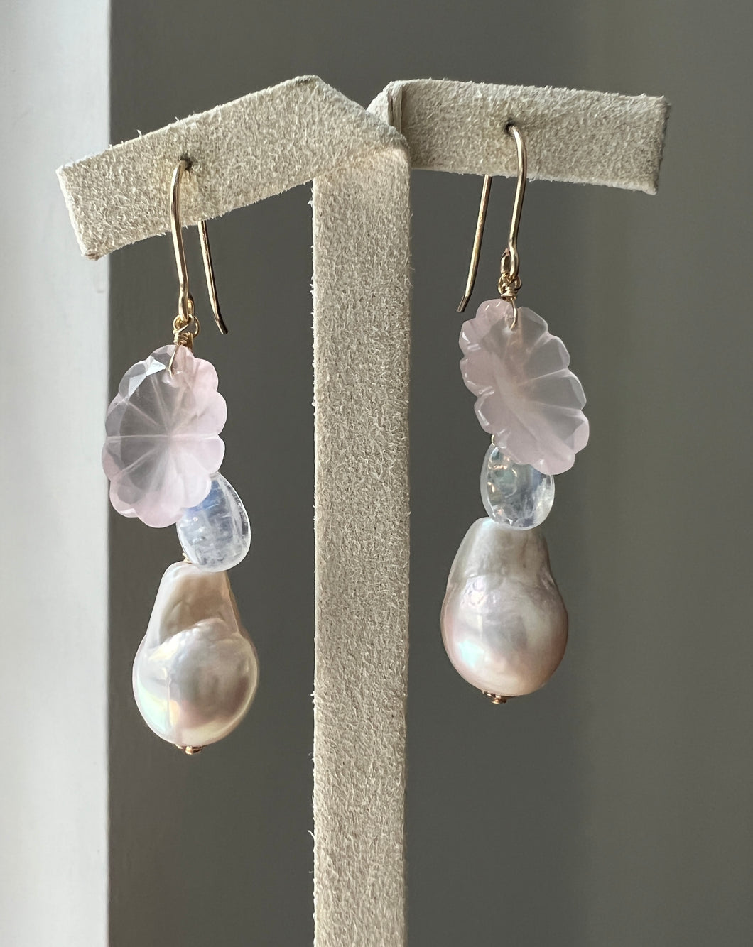 Rose Quartz Flowers, Aurora Edison Pearls, 14kGF Earrings