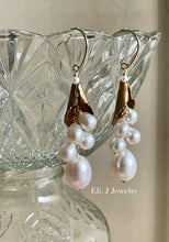 Load image into Gallery viewer, Lily: Vtg Brass Lily, Ivory Freshwater Pearls Earrings