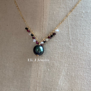 AAA Peacock Tahitian Pearl, Ruby, Spinel, Rainbow Moonstone 14kGF Necklace