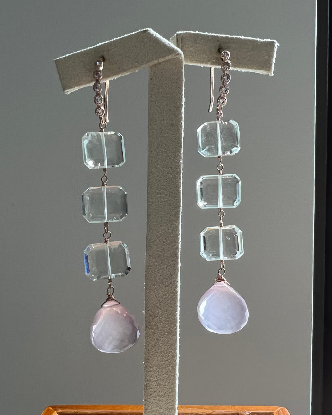 Green Amethyst, Rose Quartz Dangle 14kRGF Earrings
