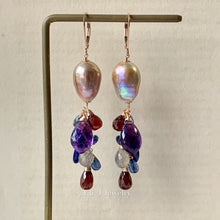 Load image into Gallery viewer, AAA Rainbow Champagne Edison Pearls, Amethyst, Garnet 14kRGF Earrings