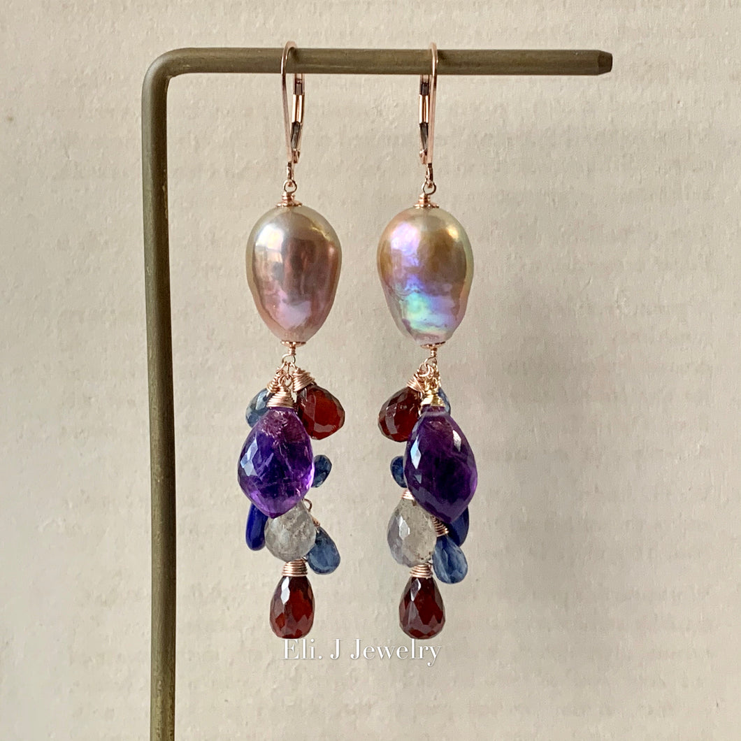 AAA Rainbow Champagne Edison Pearls, Amethyst, Garnet 14kRGF Earrings