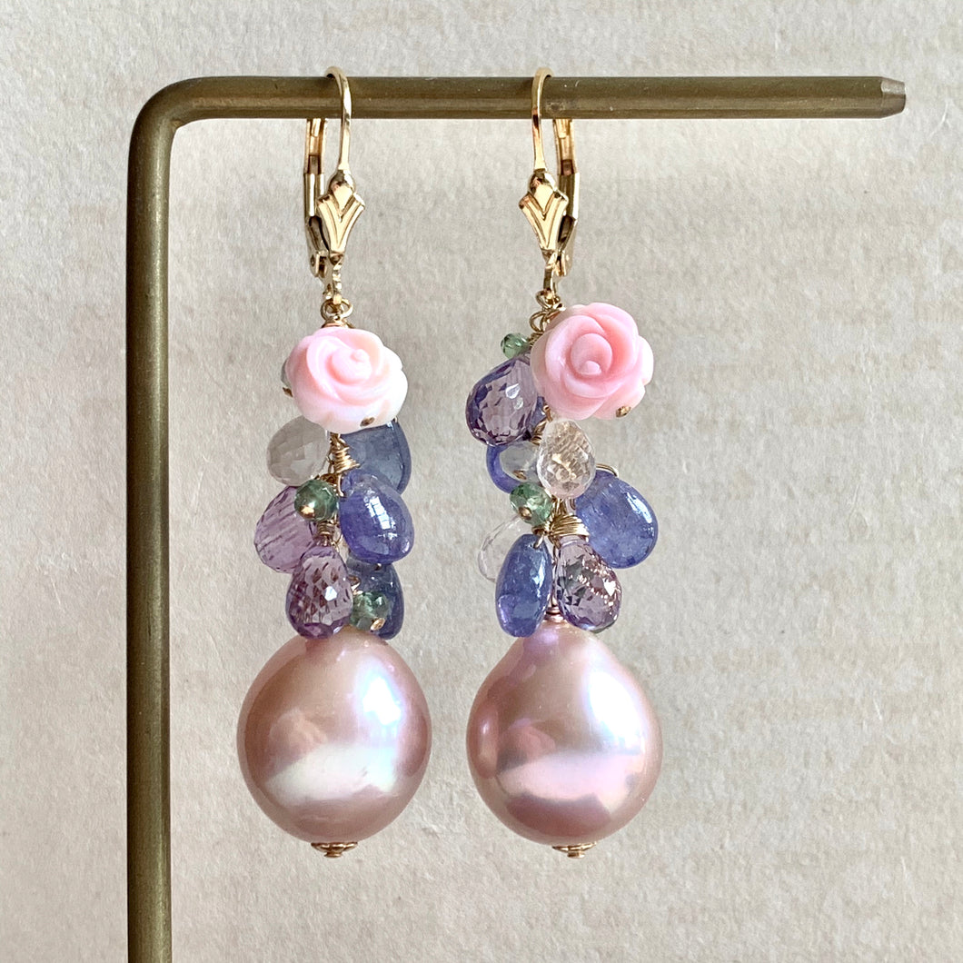 Pink Edison Pearls & Gemstone Drops 14kGF Earrings