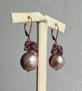 Purple-Cocoa Edison Pearls, Watermelon Tourmaline, Gems 14kRGF Earrings