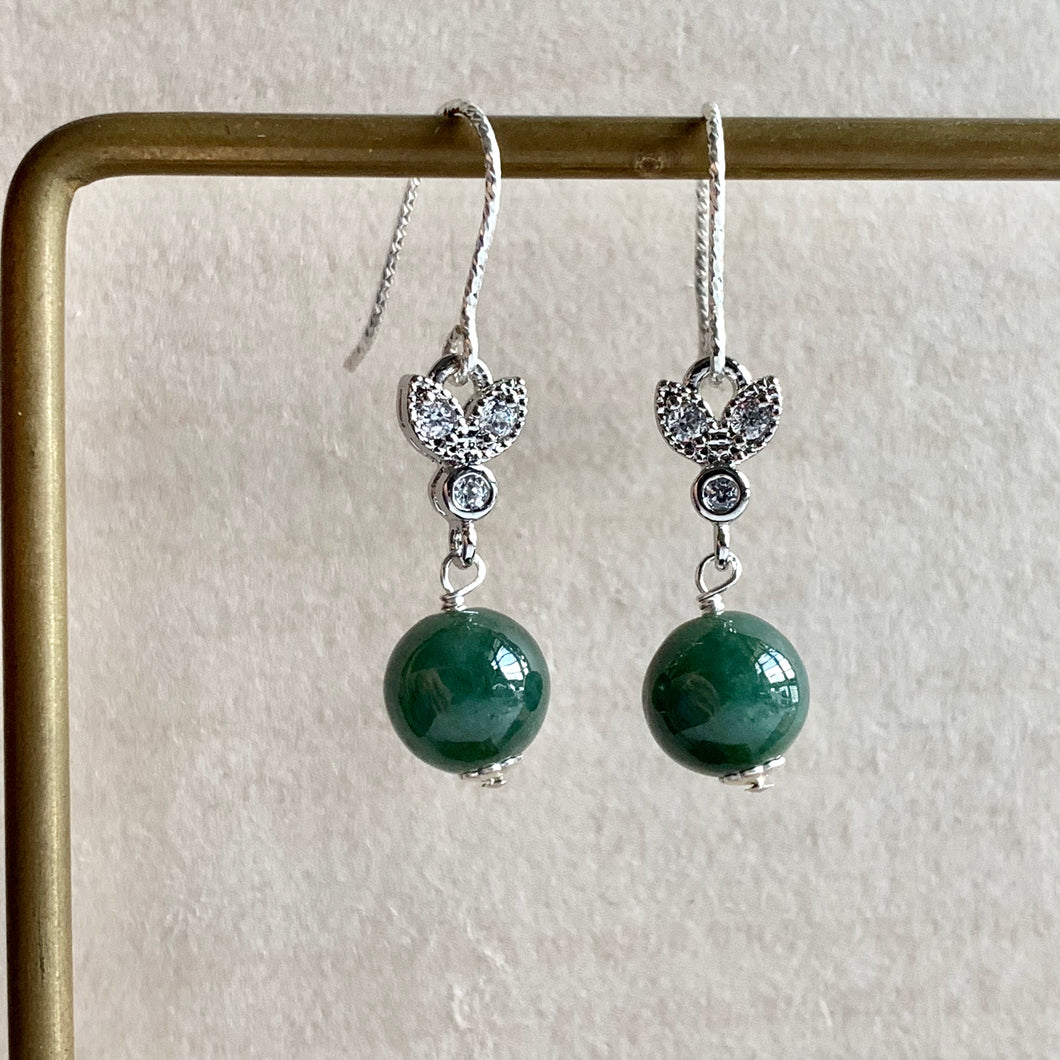 Deep Green Jade & Silver Bees 925 Earrings