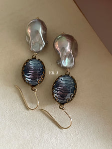Silver Baroque Pearls Vtg 50s Gems 14kGF Earrings
