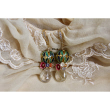 Load image into Gallery viewer, Cloisonne Balls, Vintage Enamel Flowers, Golden Rutile 14kGF Earrings