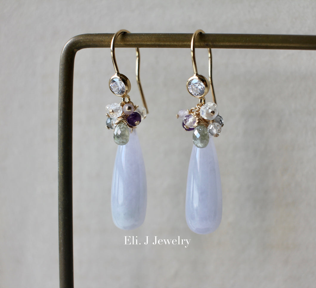 Custom-Cut Type A Lavender Jade Drops, Silver Diamonds, Gemstones 14kGF Earrings
