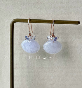 Eli. J Exclusive: Light Lavender Jade Shells, Tanzanite, Rainbow Moonstone 14kRGF Earrings
