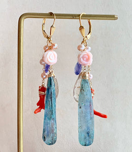 Sand & Sea- Kyanite, Coral, Pearls 14k Gold Filled Earrings