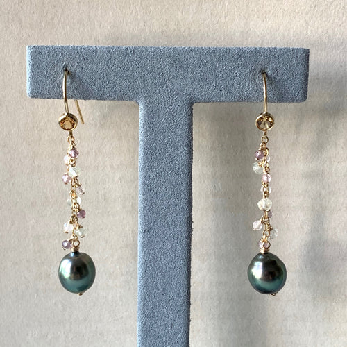 AAA Peacock Tahitian Pearls, Spinel, Prehnite, Gemstones 14kGF Citrine Earrings