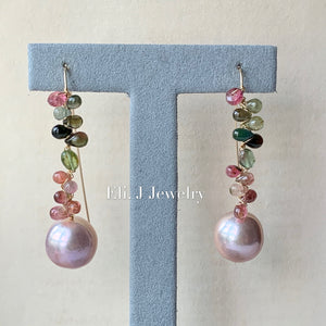 AAA Large Pink Edison Pearls, Tourmaline Vine 14kGF Hand Forged Hooks