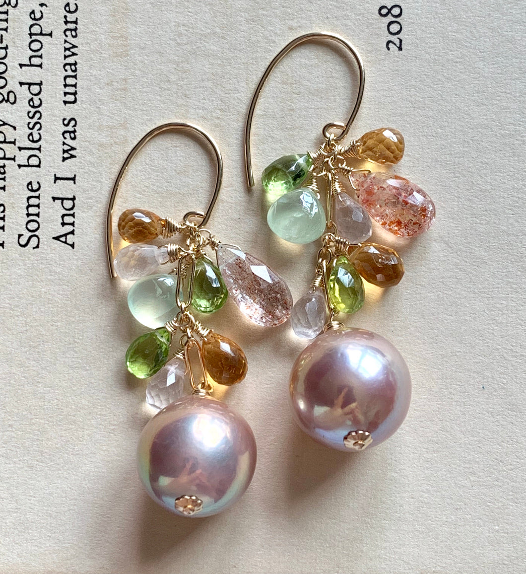 Aurora Pink Edison Pearls Citrine Prehnite Sunstone 14k GF Earrings
