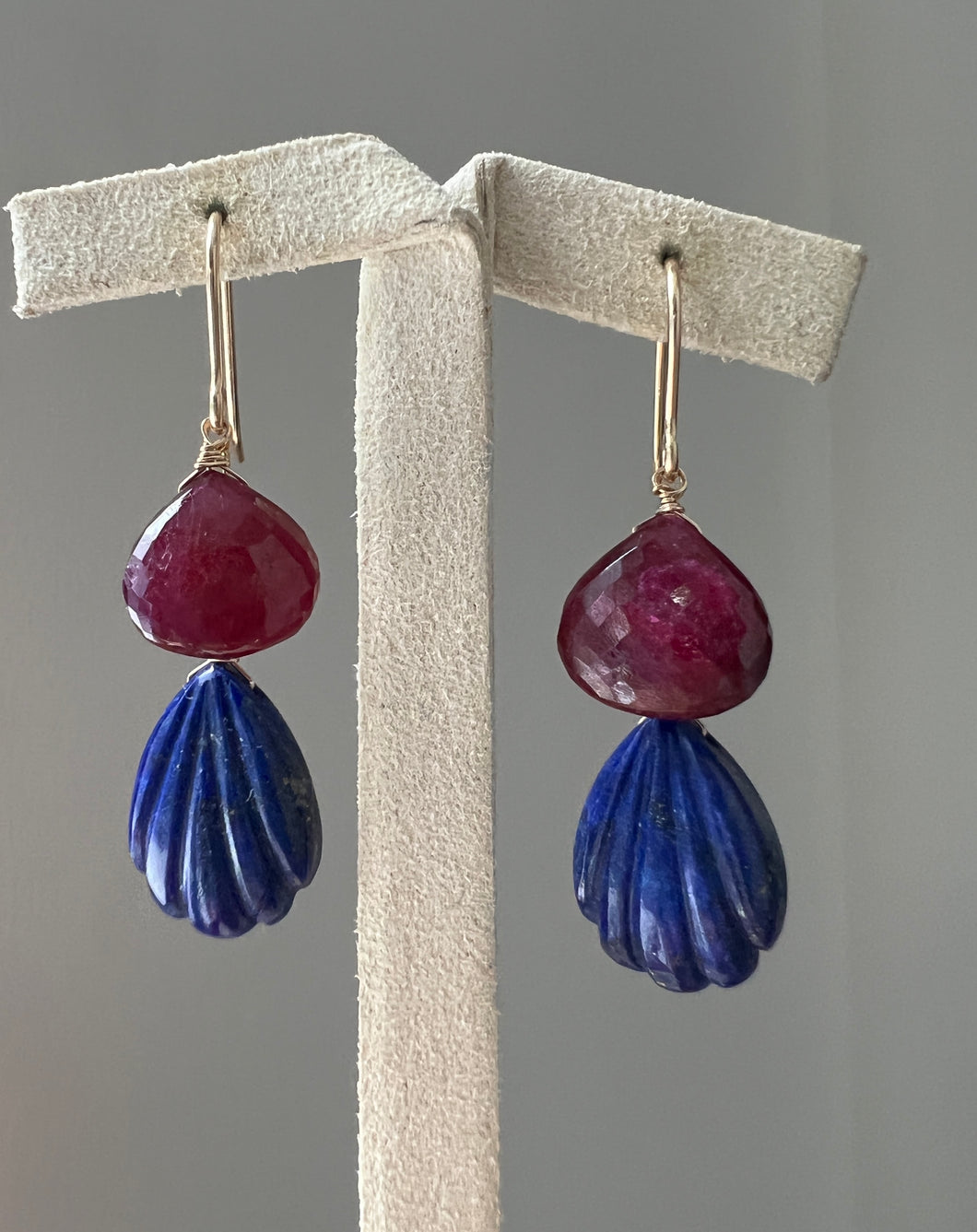 Carved Lapis Lazuli, Ruby 14kGF Earrings
