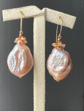 Load image into Gallery viewer, Peach-Pink Large Flat Pearls with Gems 14kGF Earrings