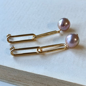 Large Dusty Rainbow Pink Edison Pearls Gold Plated Statement Textured Link Studs