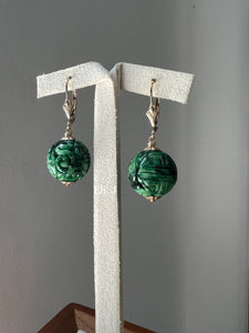 Deep Green Mixed Large Carved Jade Balls 14kGF Earrings