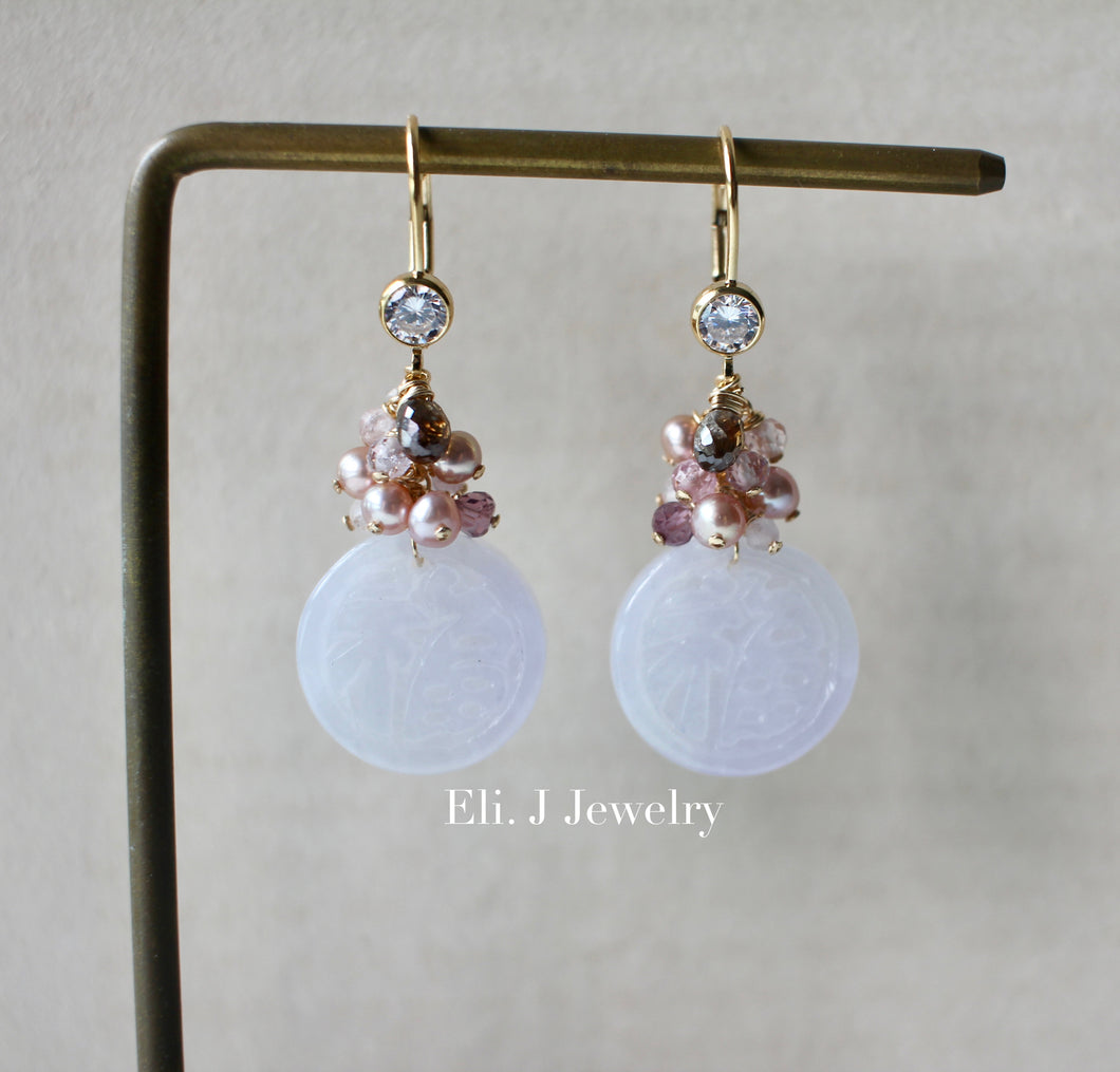 Exclusive: 福 Blessings Type A Lavender Jadeite, Brown Diamonds & Gemstones 14kGF Earrings
