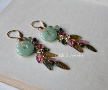 Load image into Gallery viewer, Apple Green Type A Jade Donuts, Tourmaline Leaves 14kGF Earrings