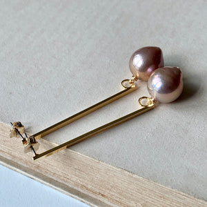 Large AAA Inverted Champagne Pink Edison Pearls on Long Bar Studs