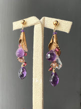 Load image into Gallery viewer, Lily Prose: Vtg Brass Lily, Amethyst, Garnet, Swarovski 14kGF Earrings