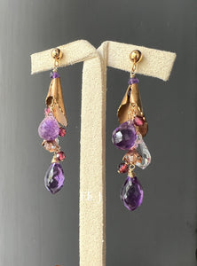 Lily Prose: Vtg Brass Lily, Amethyst, Garnet, Swarovski 14kGF Earrings