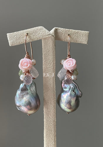 Rainbow Silver Baroque Pearls, Pink Rose, Rose Quartz, Rainbow Moonstone 14kRGF Earrings