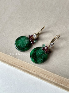 Exclusive: 福 Blessings Type A Dark Green Jade, Rubies, Emerald 14kGF Earrings