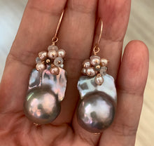 Load image into Gallery viewer, AAA Silver Baroque Pearls, Pearls &amp; Rainbow Moonstone 14kRGF Earrings