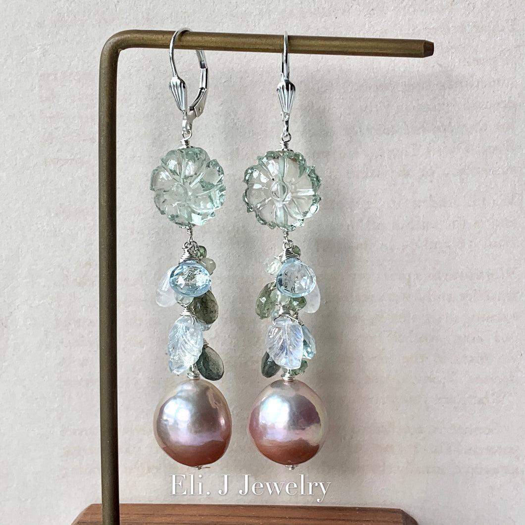 Pink Gold Edison Pearls, Moss Aquamarine, Rainbow Moonstone, Sky Blue Topaz 925 Sterling Silver Earrings