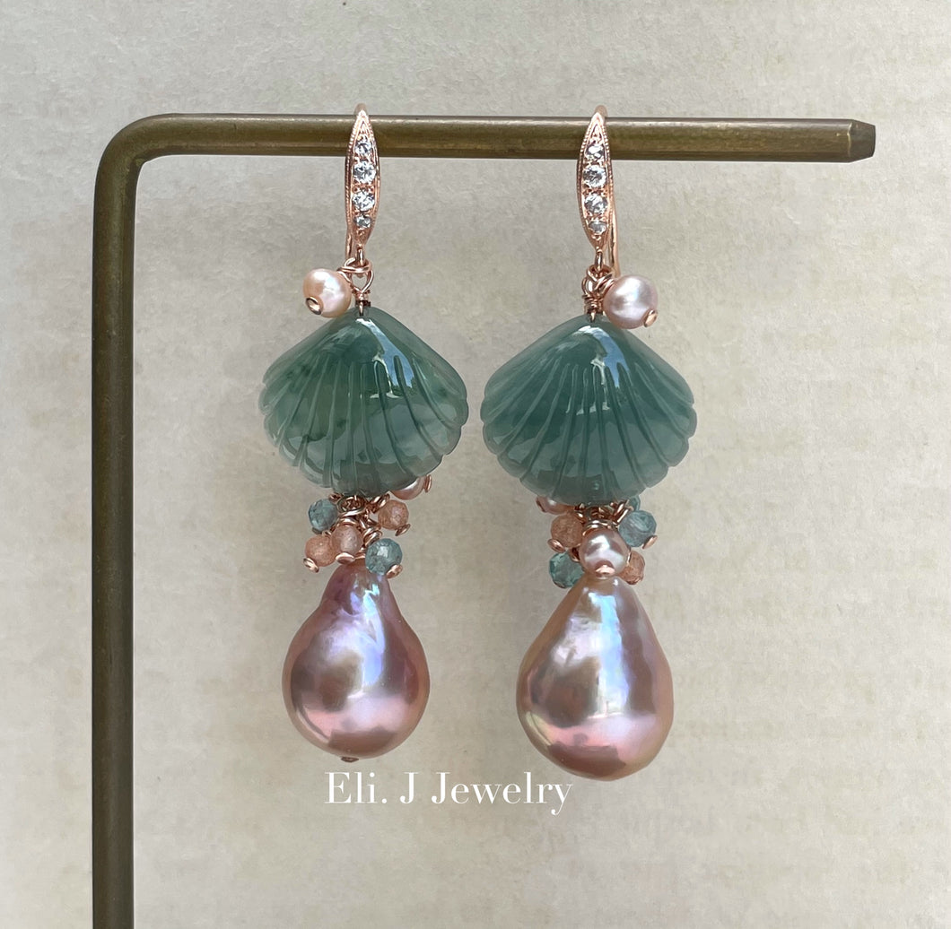 Exclusive to Eli. J: Bluish Green Jade Shells, Pink Edison Pearls & Gemstones Earrings