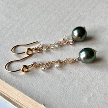 Load image into Gallery viewer, AAA Peacock Tahitian Pearls, Spinel, Prehnite, Gemstones 14kGF Citrine Earrings