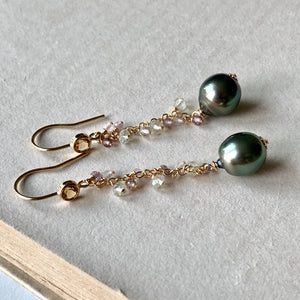 AAA Peacock Tahitian Pearls, Spinel, Prehnite, Gemstones 14kGF Citrine Earrings
