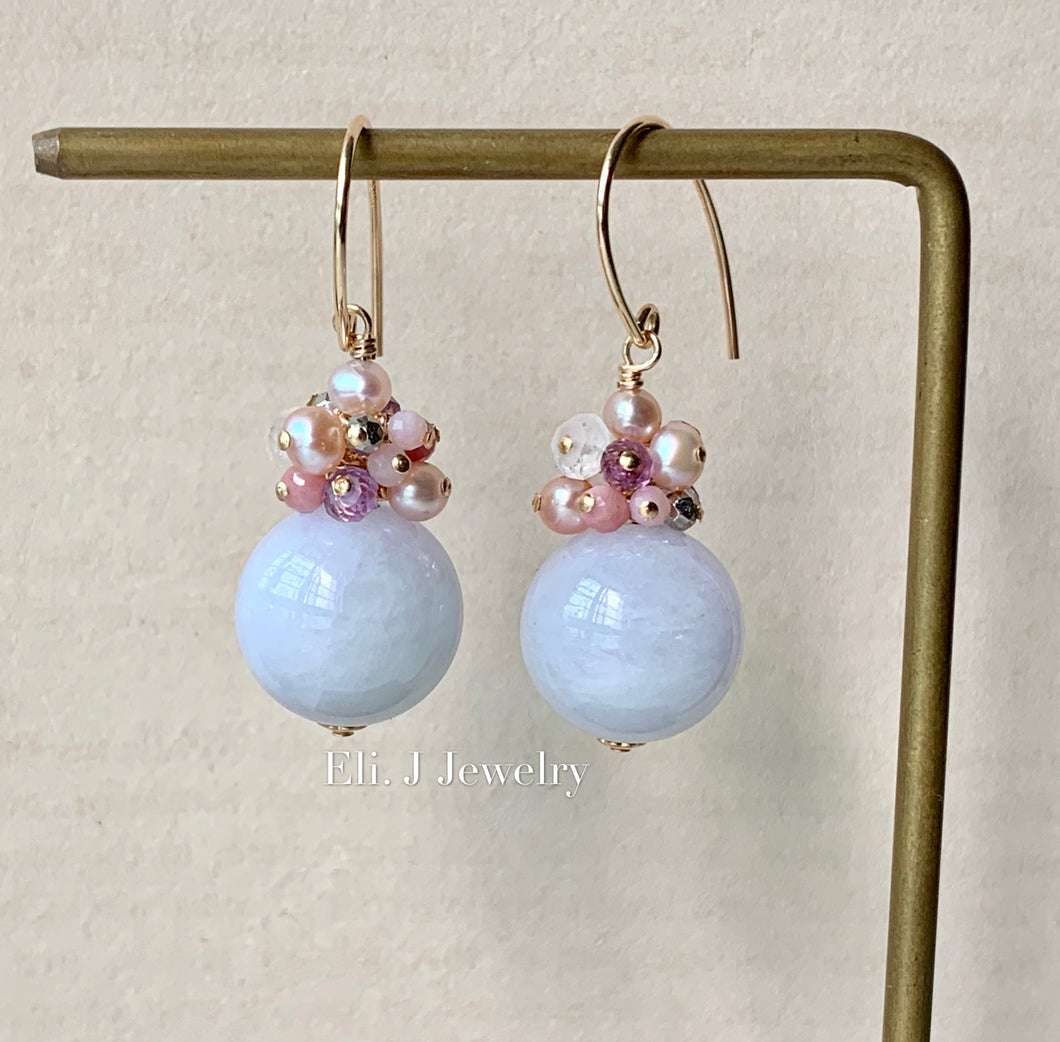 Big Lavender Jade Balls, Gems & Pearl 14kGF Earrings