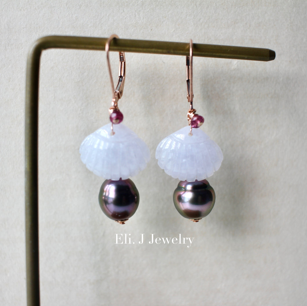 Eli. J Exclusive: Light Lavender Jade Shells, Rose Tahitian Pearls 14kRGF Earrings