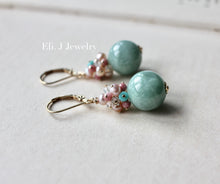 Load image into Gallery viewer, Apple Green Type A Jade Balls &amp; Gemstones Rhodocrosite, Turquoise 14kRGF Earrings
