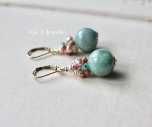 Apple Green Type A Jade Balls & Gemstones Rhodocrosite, Turquoise 14kRGF Earrings