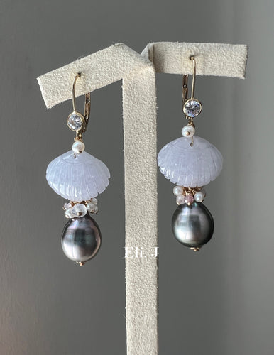 Rare Exclusive Lavender Jade Shells, Rose Tahitian Pearls & Gemstones 14kGF Earrings