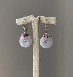Lilac Lavender Jade Donuts, Pink Sapphire, Black Diamonds 14kGF Earrings